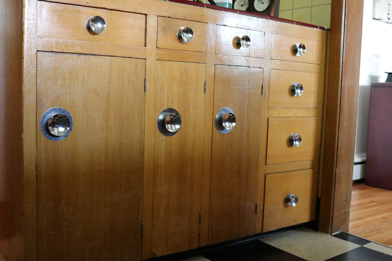 Original kitchen cabinets with chrome pulls