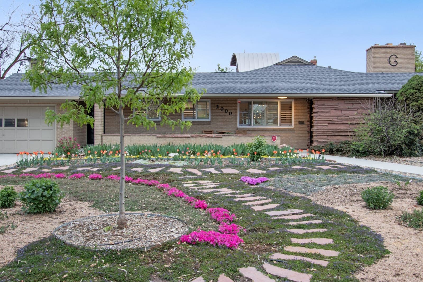 Flagstone path winding through Turkish veronica and creeping phlox, tulips beyond